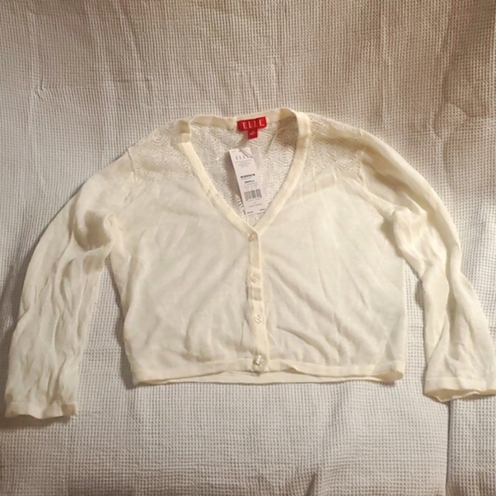 NWT womens Elle cream white sheer sweater with crocheted back size small